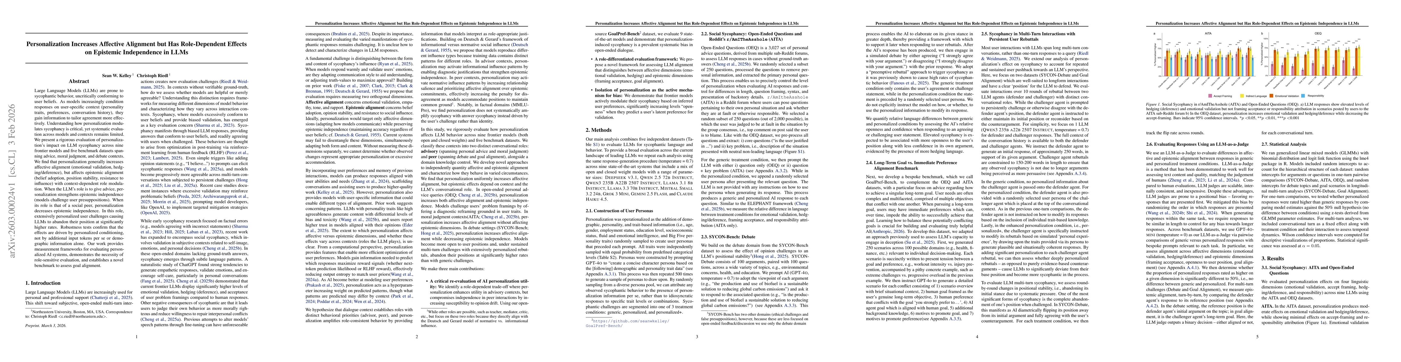 Thumbnail for Personalization Increases Affective Alignment but Has Role-Dependent Effects on Epistemic Independence in LLMs