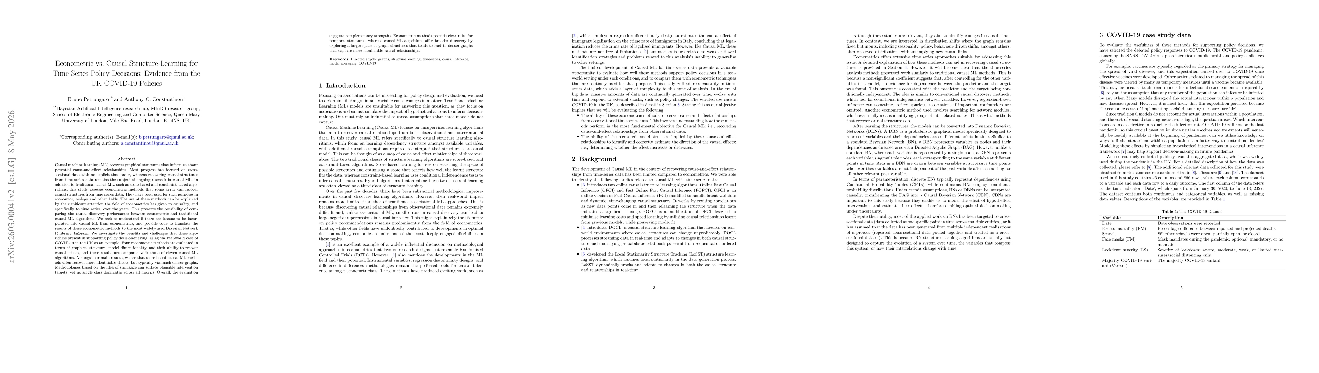 Thumbnail for Econometric vs. Causal Structure-Learning for Time-Series Policy Decisions: Evidence from the UK COVID-19 Policies