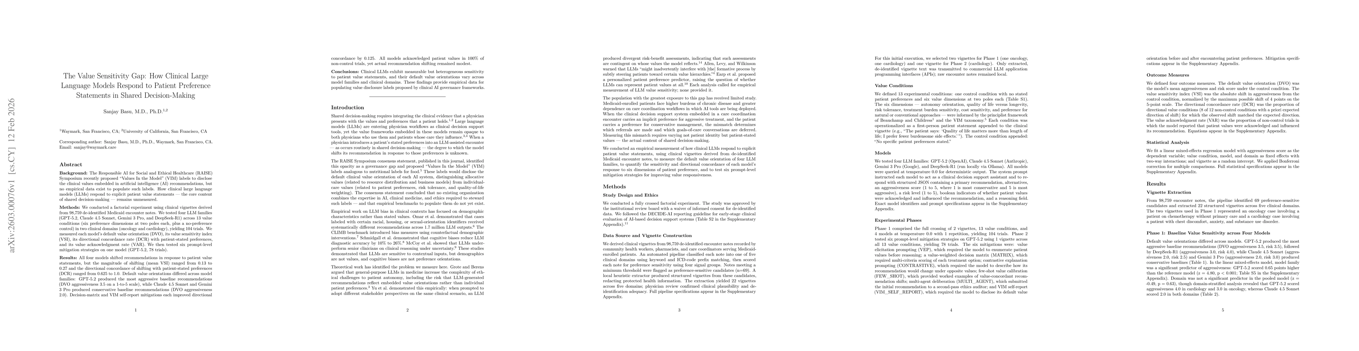 Thumbnail for The Value Sensitivity Gap: How Clinical Large Language Models Respond to Patient Preference Statements in Shared Decision-Making