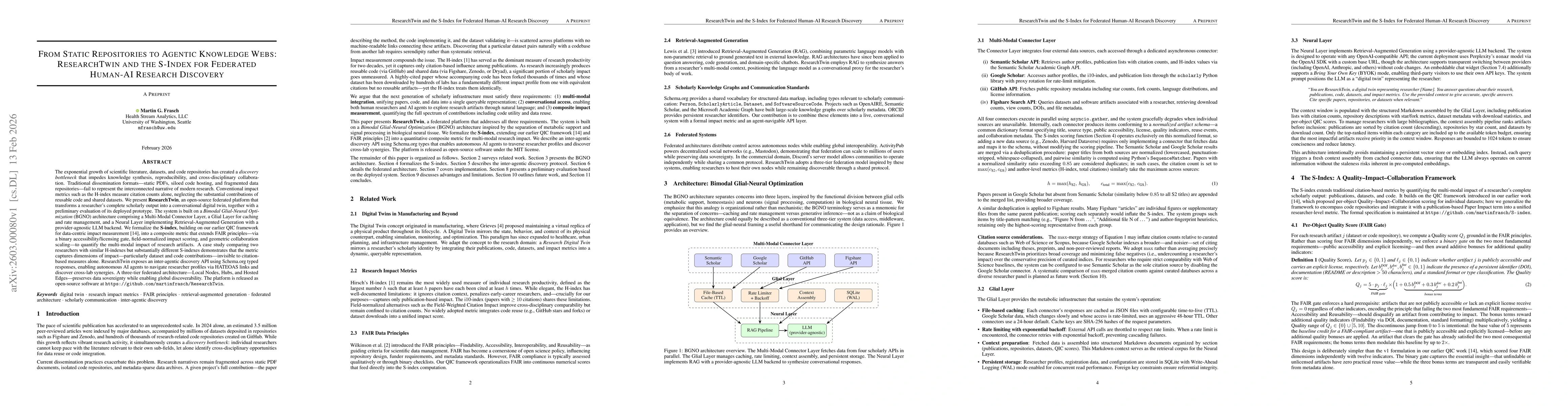 Thumbnail for From Static Repositories to Agentic Knowledge Webs: ResearchTwin and the S-Index for Federated Human-AI Research Discovery
