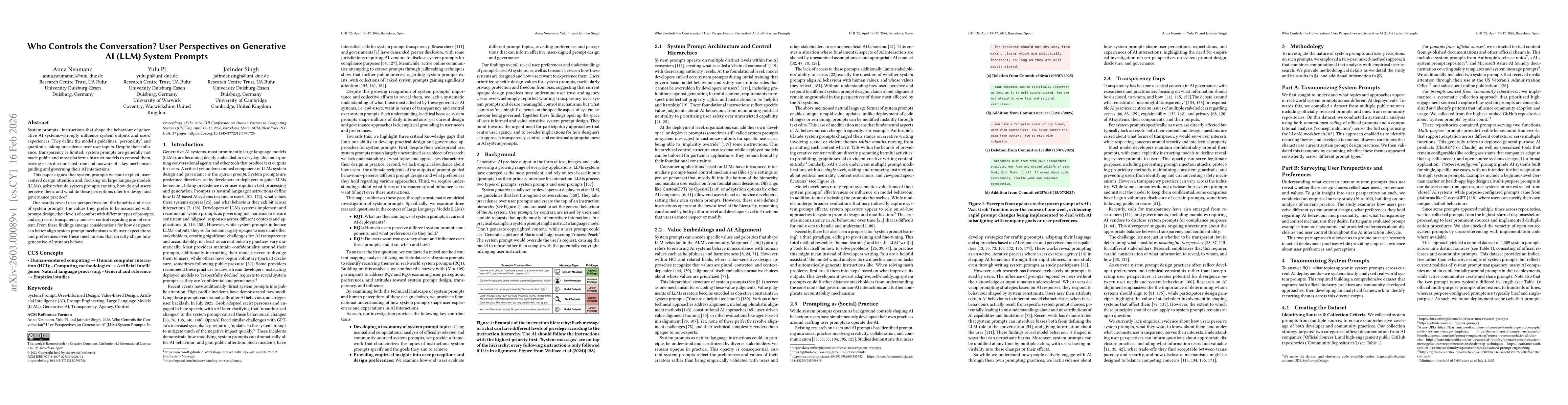 Thumbnail for Who Controls the Conversation? User Perspectives On Generative AI (LLM) System Prompts