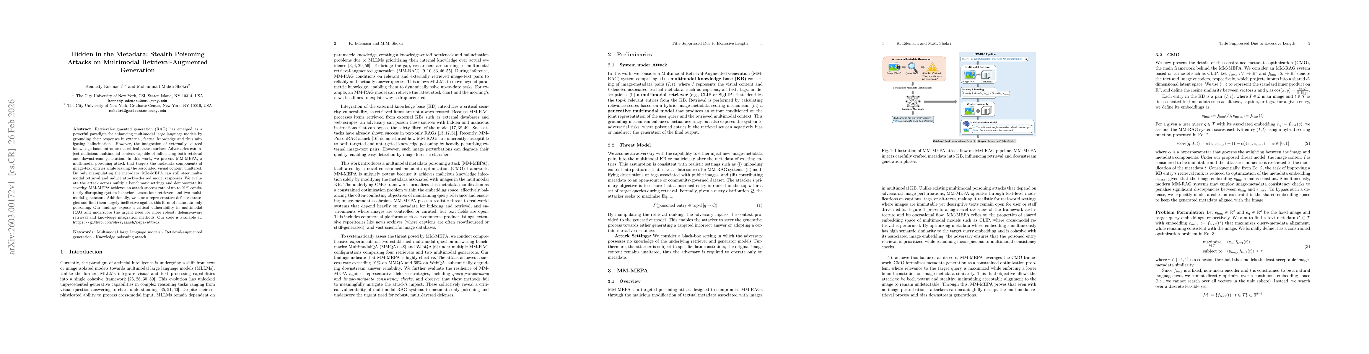 Thumbnail for Hidden in the Metadata: Stealth Poisoning Attacks on Multimodal Retrieval-Augmented Generation