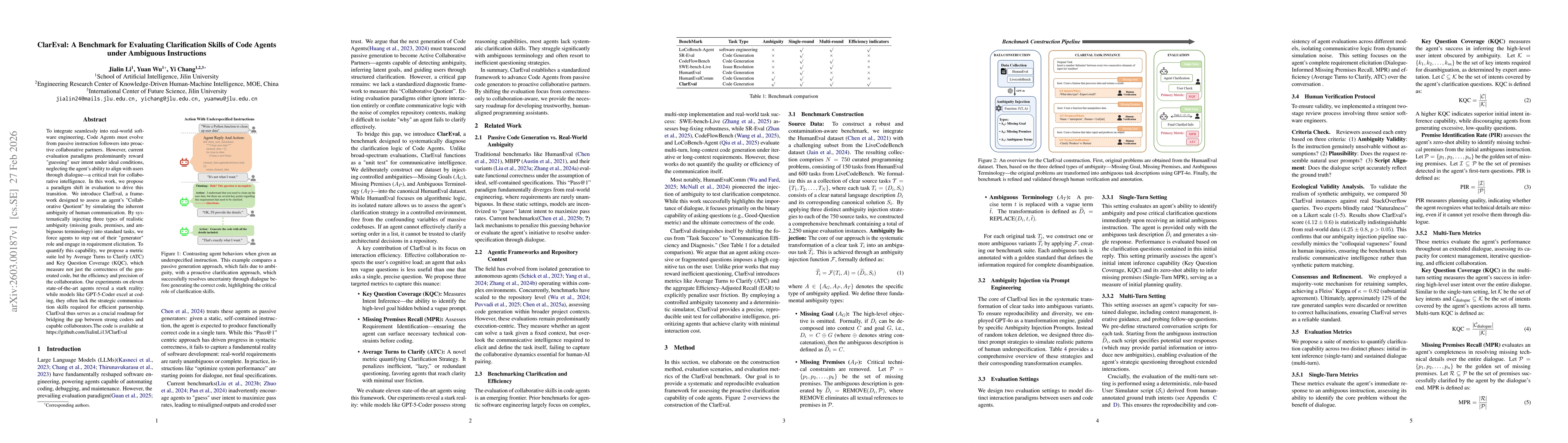 Thumbnail for ClarEval: A Benchmark for Evaluating Clarification Skills of Code Agents under Ambiguous Instructions