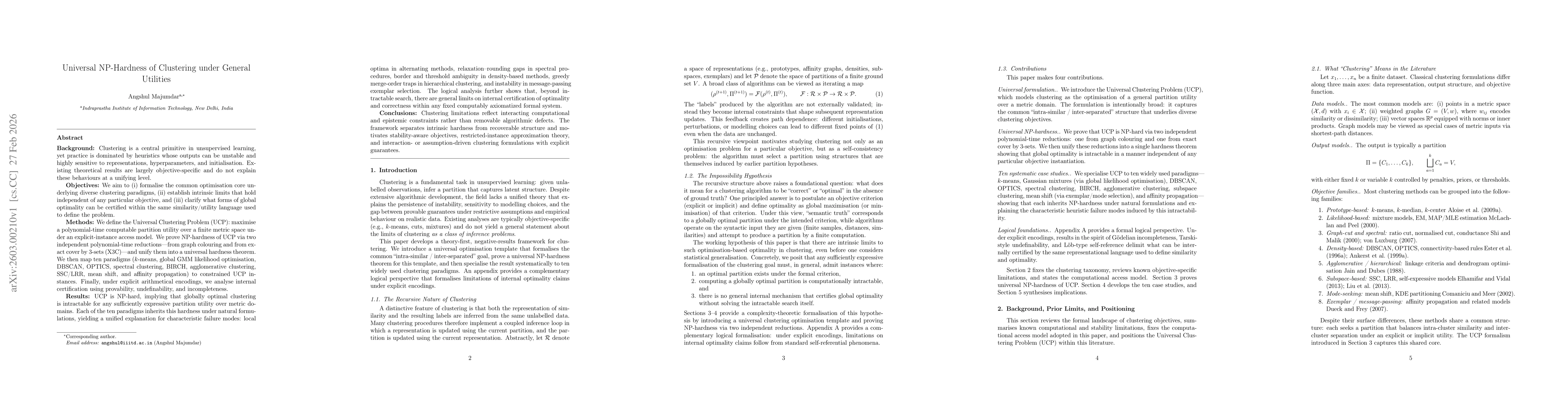 Thumbnail for Universal NP-Hardness of Clustering under General Utilities