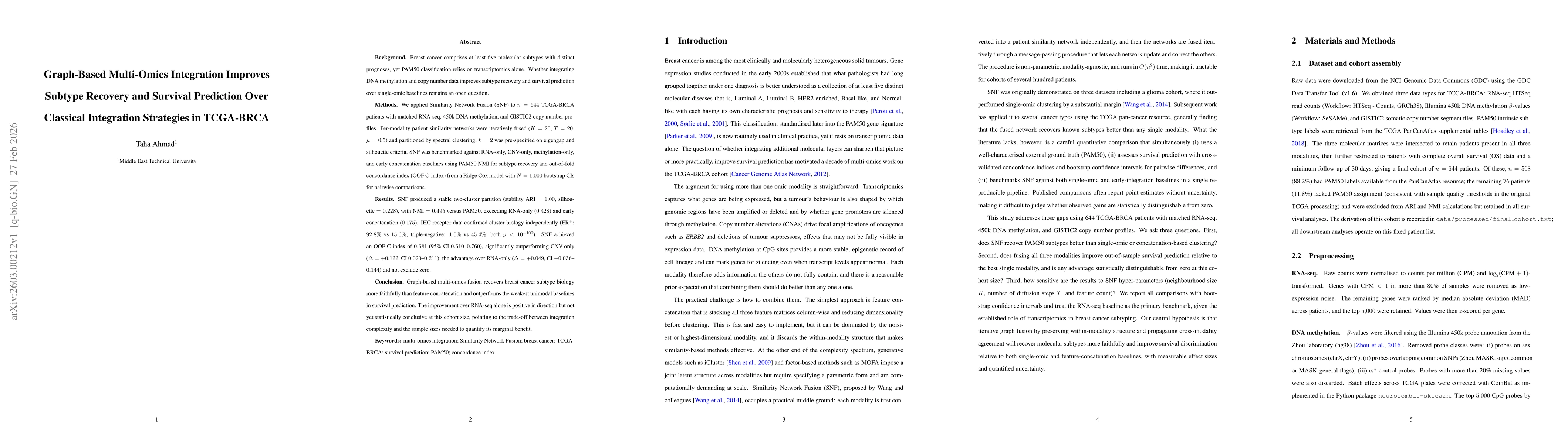 Thumbnail for Graph-Based Multi-Omics Integration Improves Subtype Recovery and Survival Prediction Over Classical Integration Strategies in TCGA-BRCA