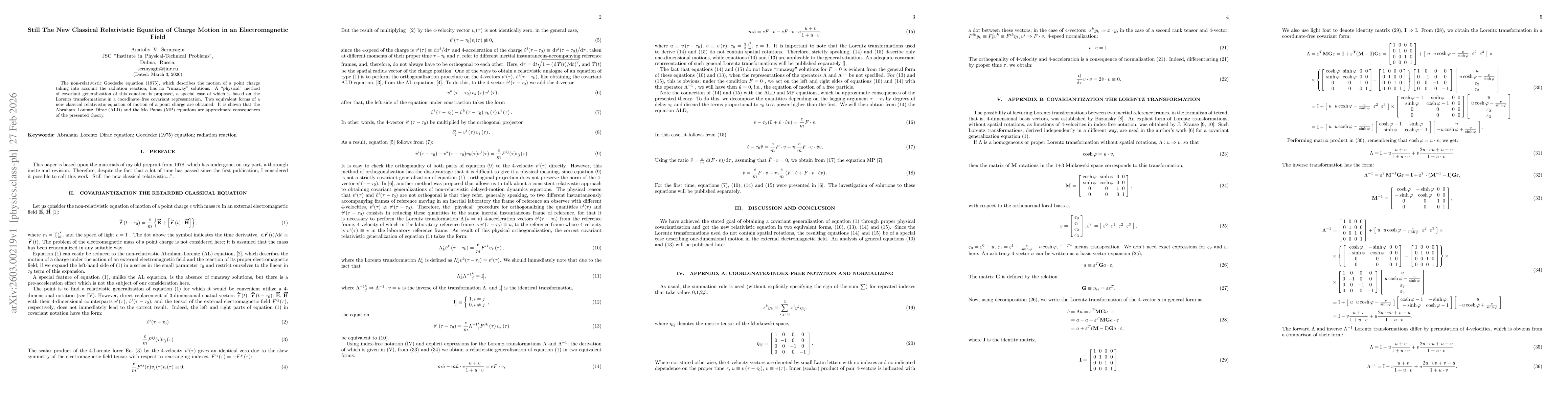 Thumbnail for Still The New Classical Relativistic Equation of Charge Motion in an Electromagnetic Field