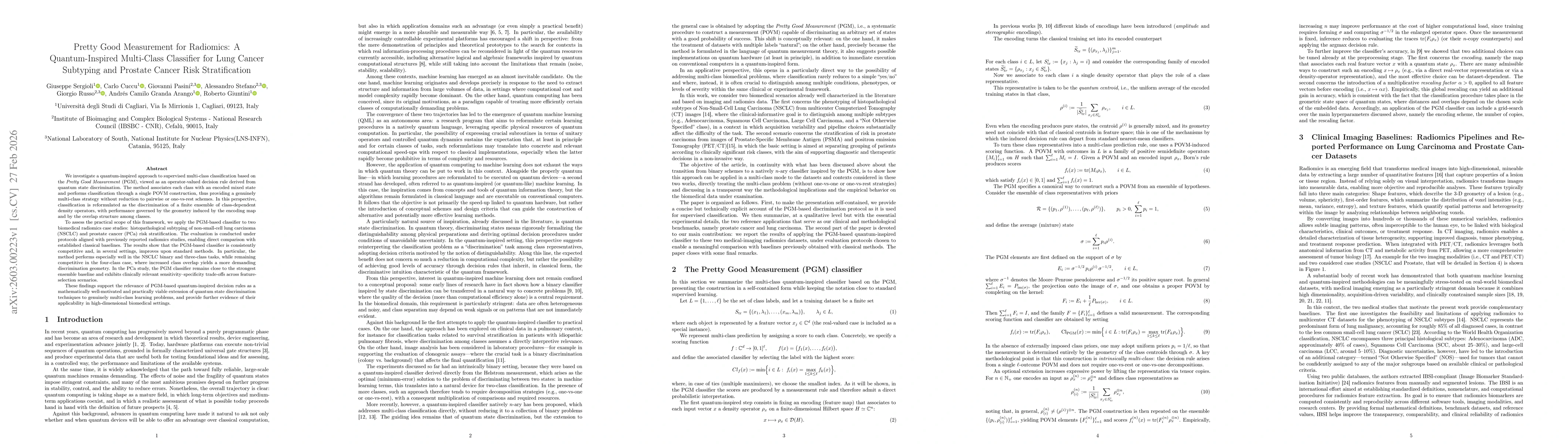 Thumbnail for Pretty Good Measurement for Radiomics: A Quantum-Inspired Multi-Class Classifier for Lung Cancer Subtyping and Prostate Cancer Risk Stratification