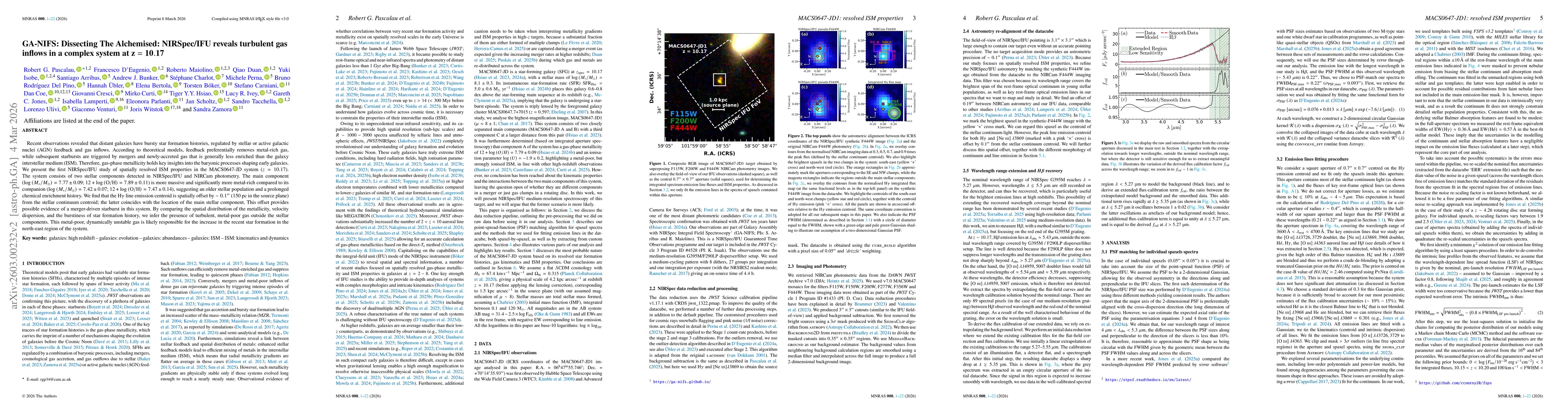Thumbnail for GA-NIFS: Dissecting The Alchemised: NIRSpec/IFU reveals turbulent gas inflows in a complex system at $z=10.17$