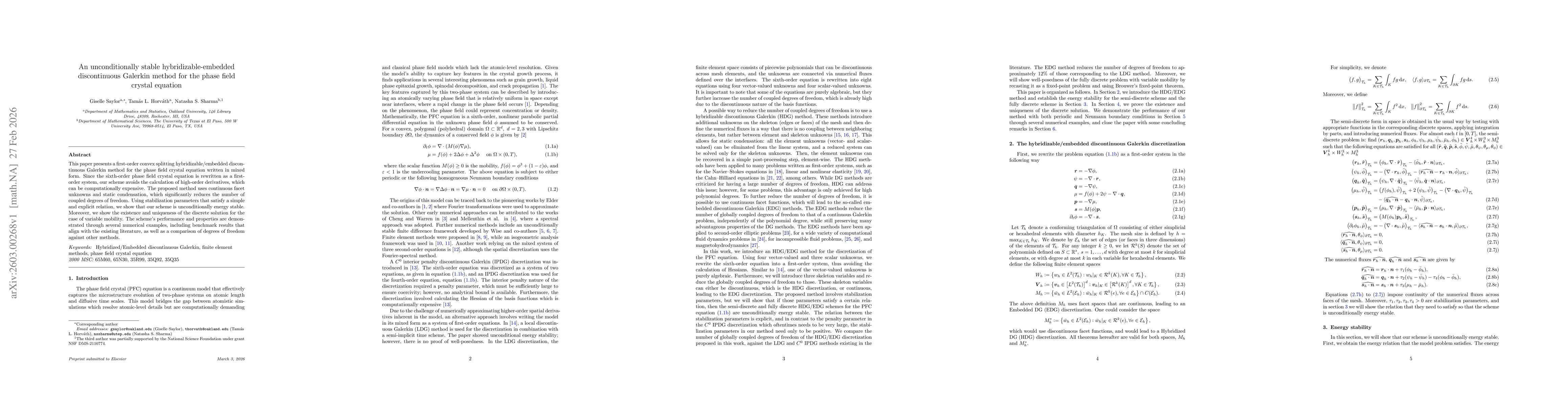 Thumbnail for An unconditionally stable hybridizable-embedded discontinuous Galerkin method for the phase field crystal equation