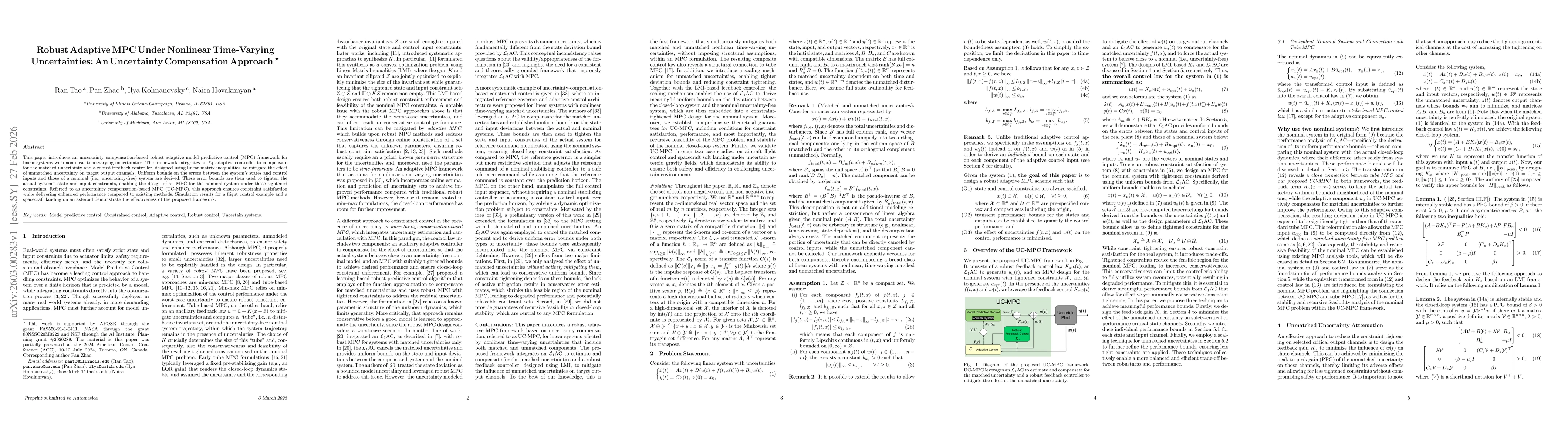 Thumbnail for Robust Adaptive MPC Under Nonlinear Time-Varying Uncertainties: An Uncertainty Compensation Approach