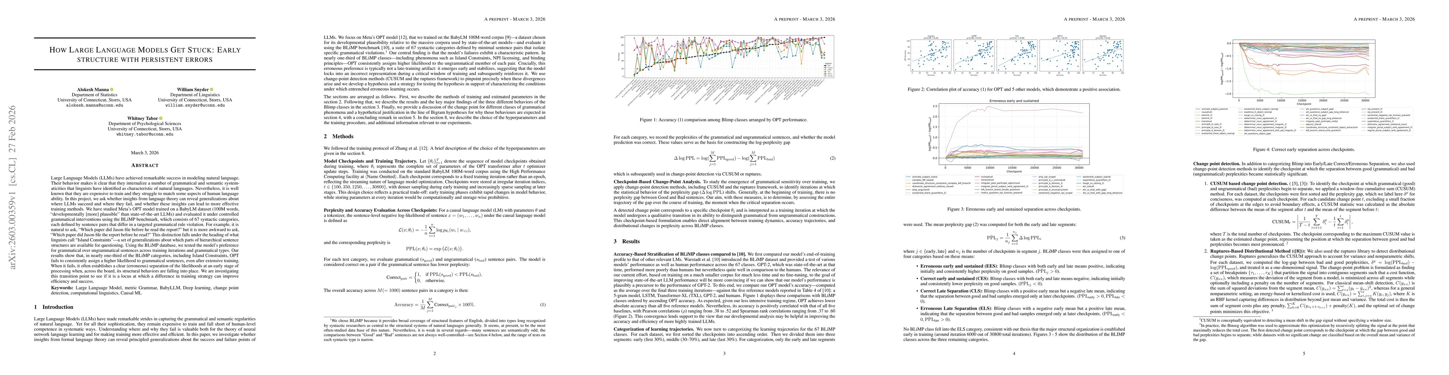 Thumbnail for How Large Language Models Get Stuck: Early structure with persistent errors