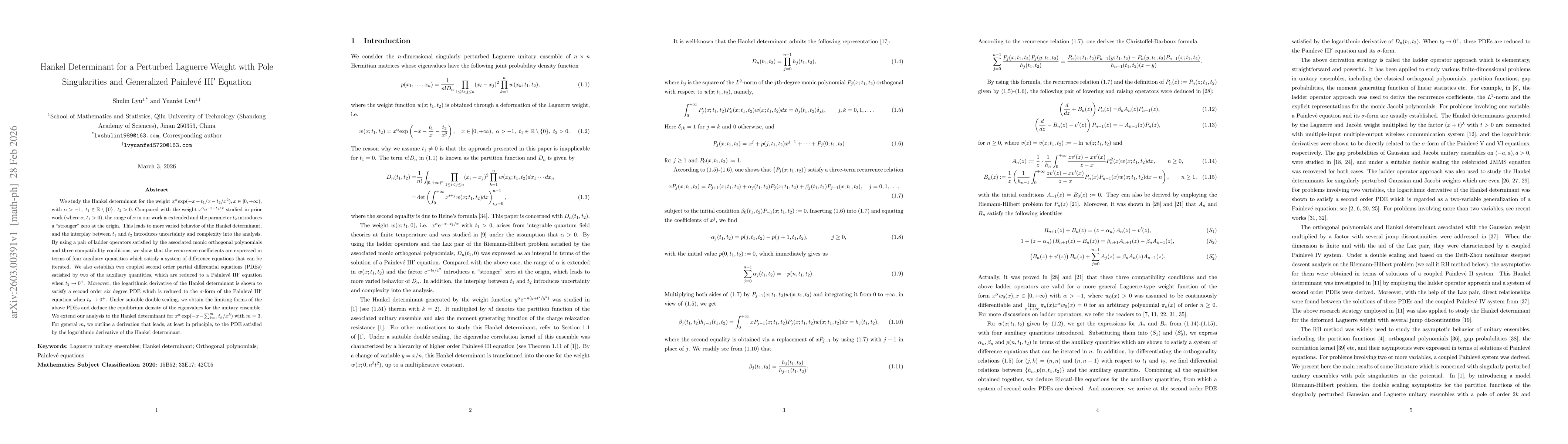 Thumbnail for Hankel Determinant for a Perturbed Laguerre Weight with Pole Singularities and Generalized Painlevé III' Equation