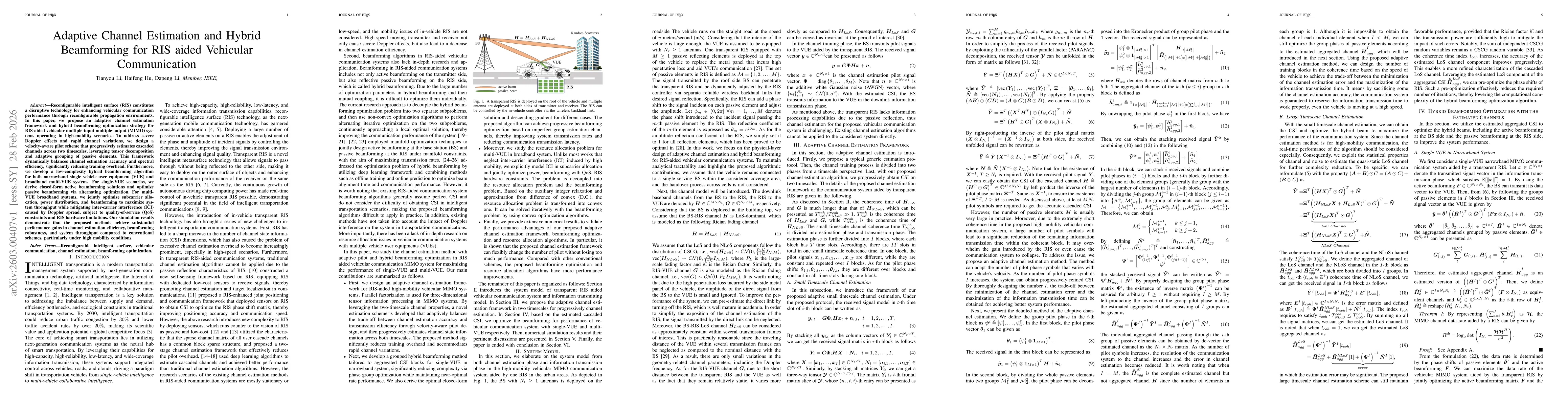 Thumbnail for Adaptive Channel Estimation and Hybrid Beamforming for RIS aided Vehicular Communication