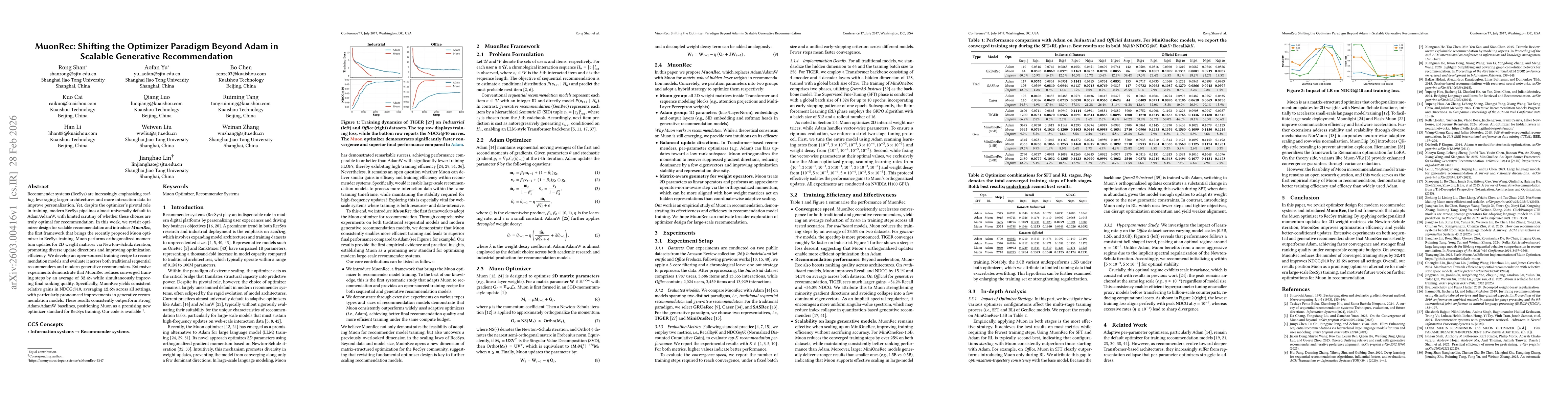 Thumbnail for MuonRec: Shifting the Optimizer Paradigm Beyond Adam in Scalable Generative Recommendation