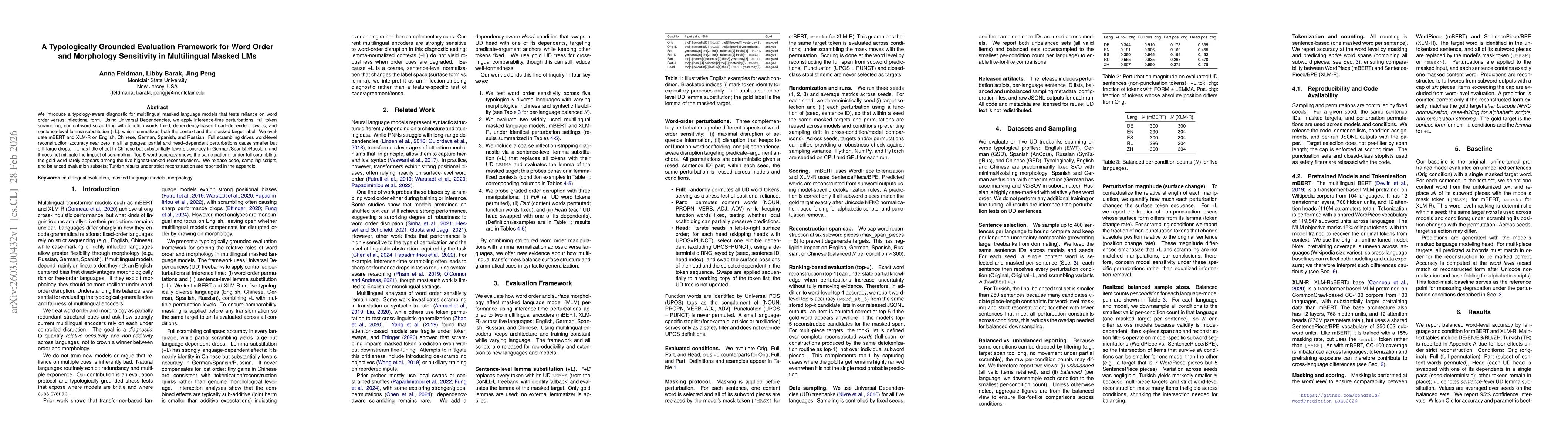 Thumbnail for A Typologically Grounded Evaluation Framework for Word Order and Morphology Sensitivity in Multilingual Masked LMs