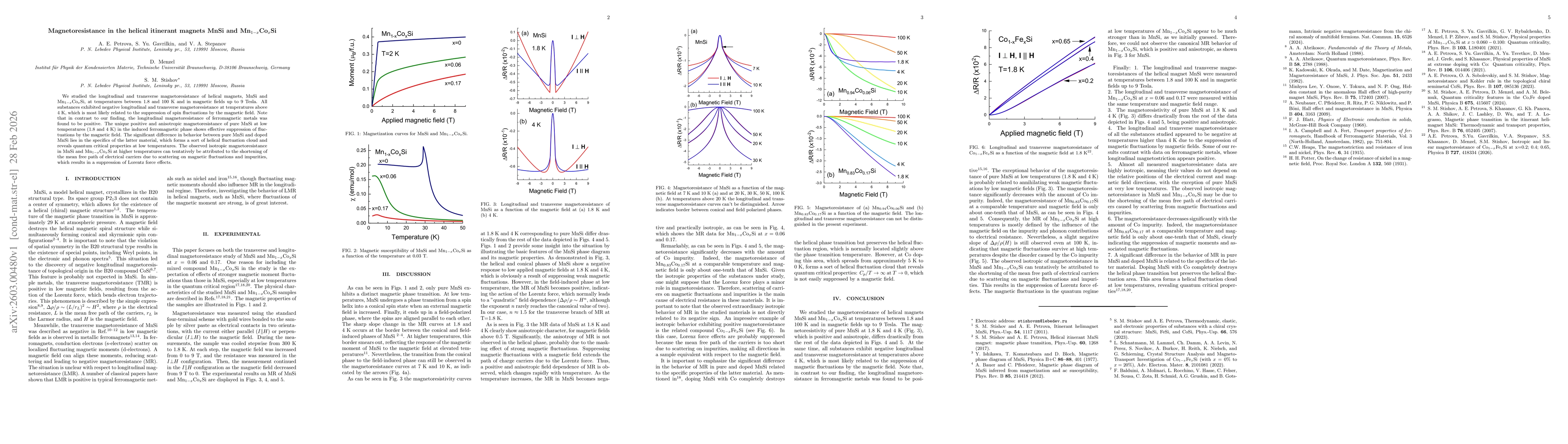 Thumbnail for Magnetoresistance in the helical itinerant magnets MnSi and Mn$_{1-x}$Co$_x$Si