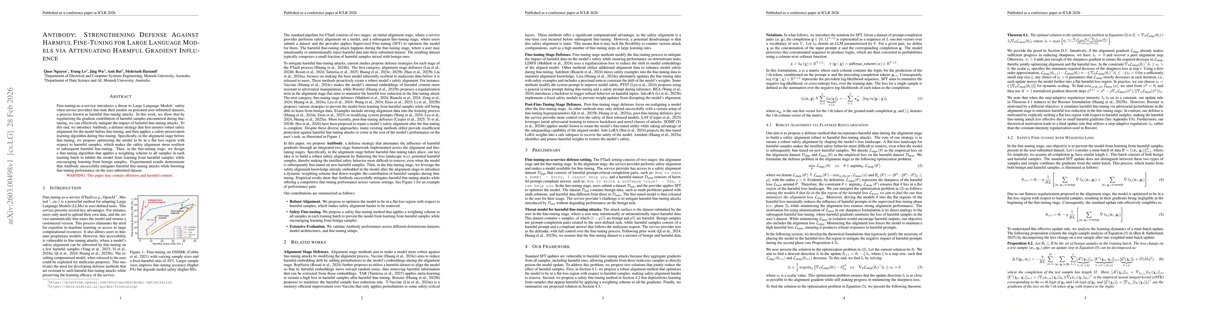 Thumbnail for Antibody: Strengthening Defense Against Harmful Fine-Tuning for Large Language Models via Attenuating Harmful Gradient Influence