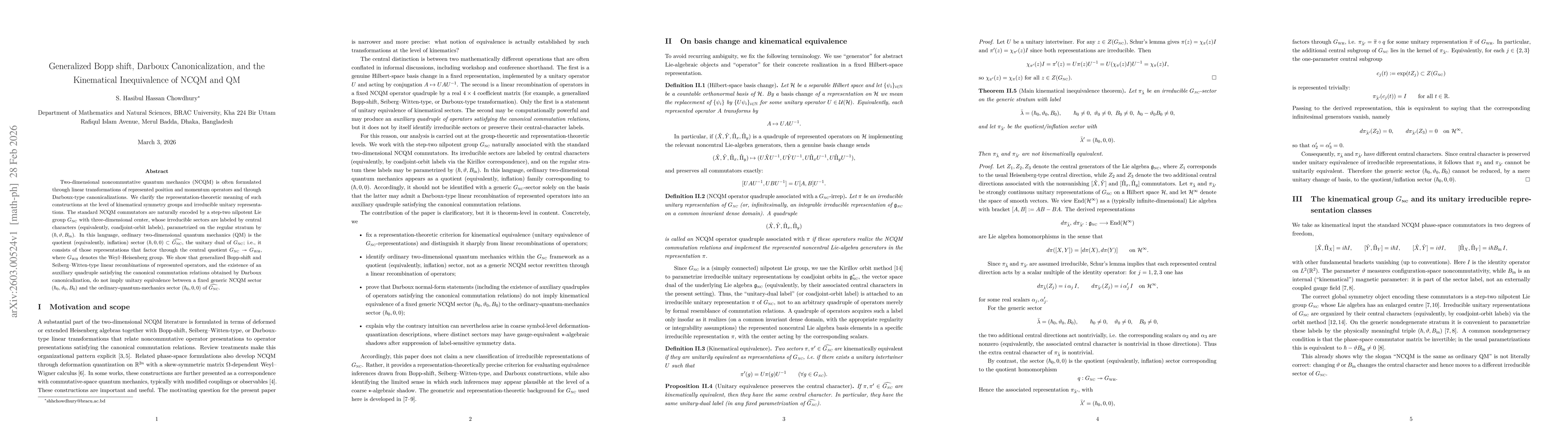 Thumbnail for Generalized Bopp shift, Darboux Canonicalization, and the Kinematical Inequivalence of NCQM and QM
