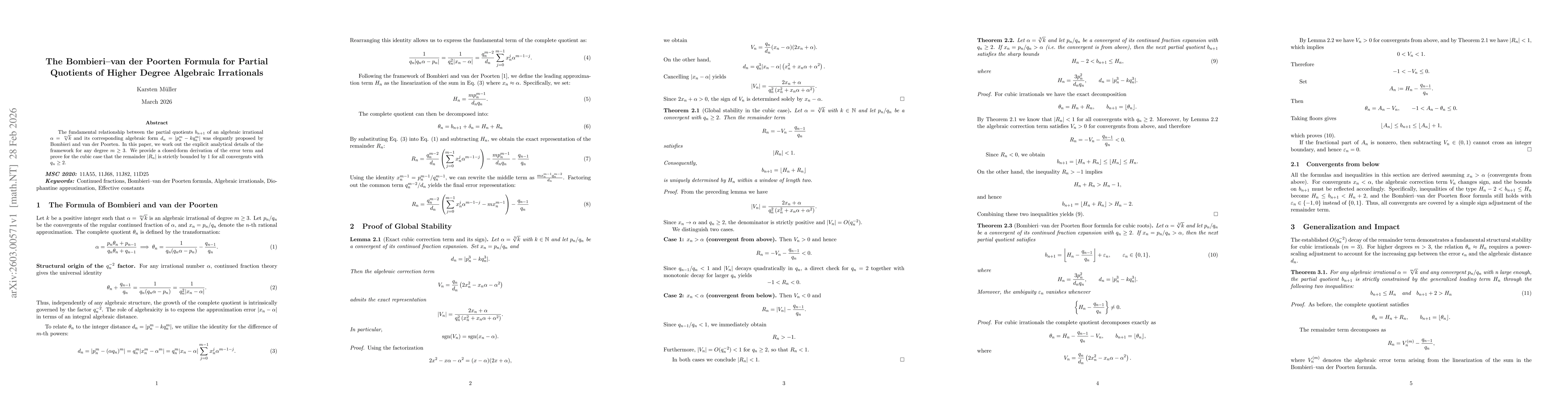 Thumbnail for The Bombieri--van der Poorten Formula for Partial Quotients of Higher Degree Algebraic Irrationals