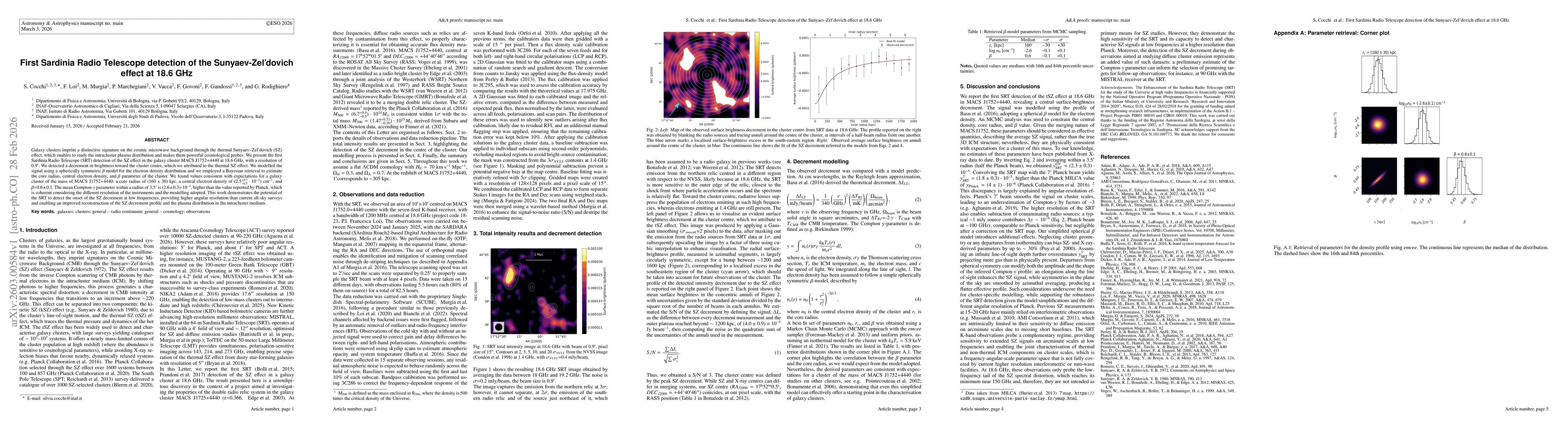 Thumbnail for First Sardinia Radio Telescope detection of the Sunyaev-Zel'dovich effect at 18.6 GHz