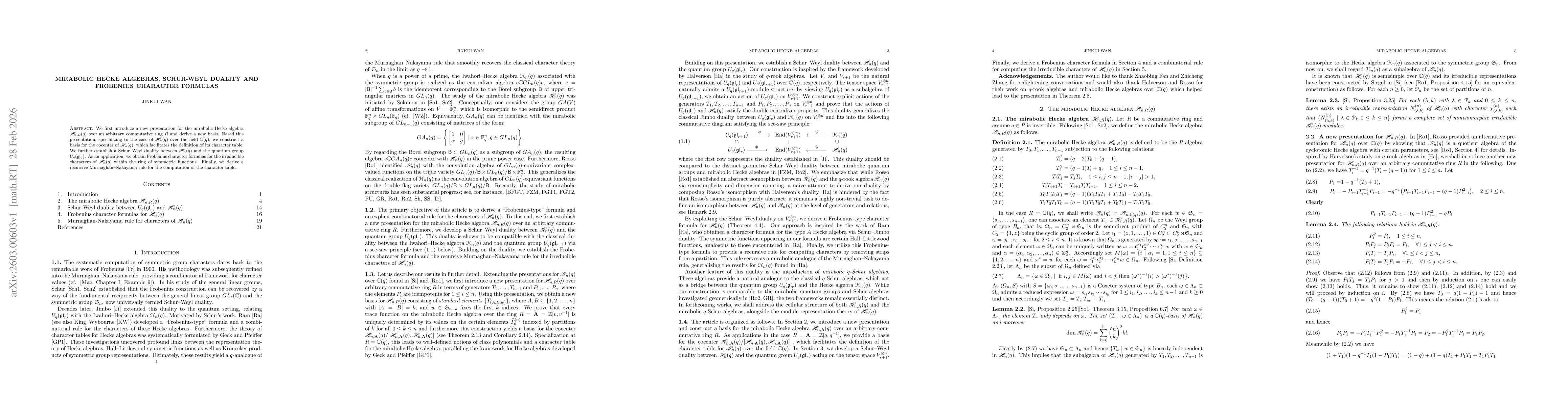 Thumbnail for Mirabolic Hecke algebras, Schur-Weyl duality and Frobenius character formulas