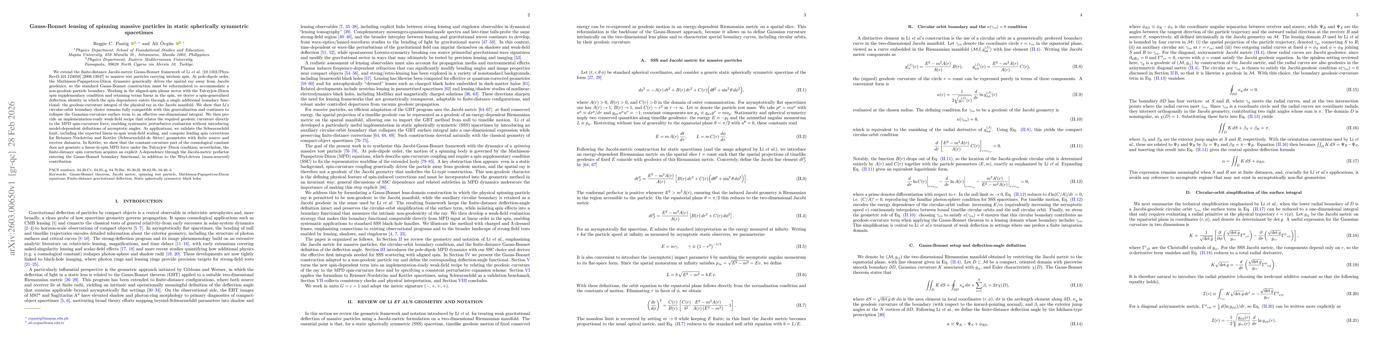 Thumbnail for Gauss-Bonnet lensing of spinning massive particles in static spherically symmetric spacetimes