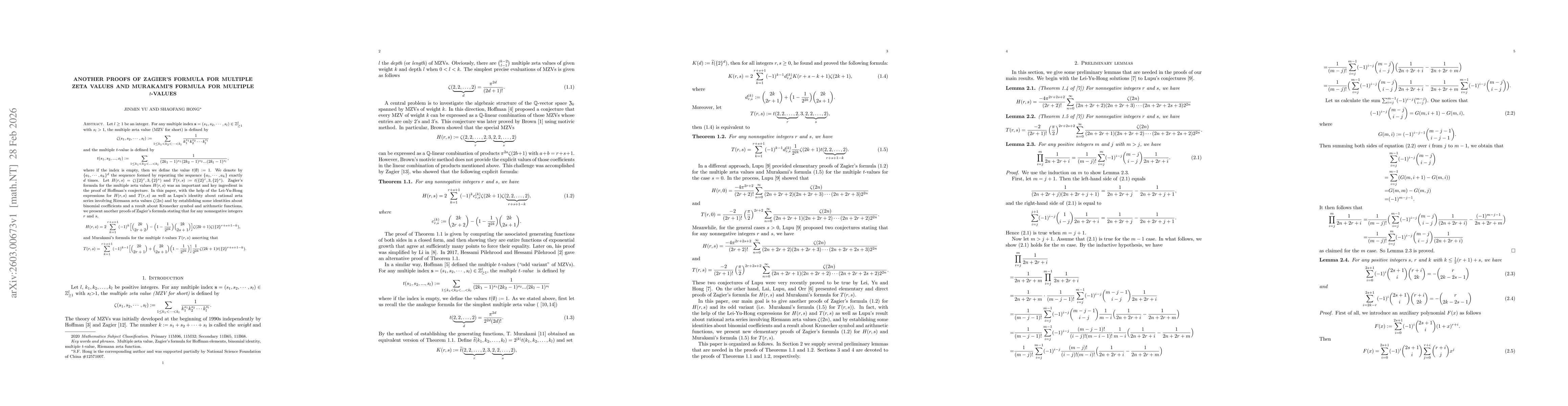 Thumbnail for Another proofs of Zagier's formula for multiple zeta values and Murakami's formula for multiple $t$-values
