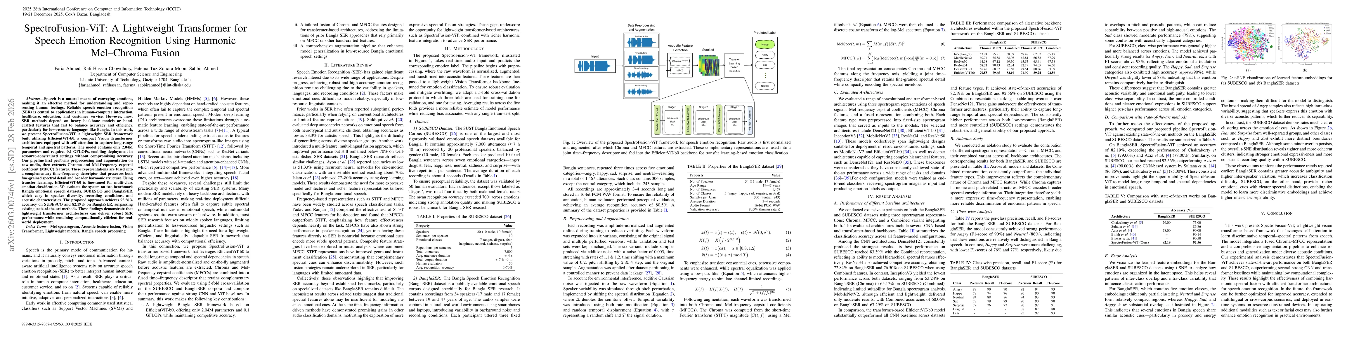 Thumbnail for SpectroFusion-ViT: A Lightweight Transformer for Speech Emotion Recognition Using Harmonic Mel-Chroma Fusion