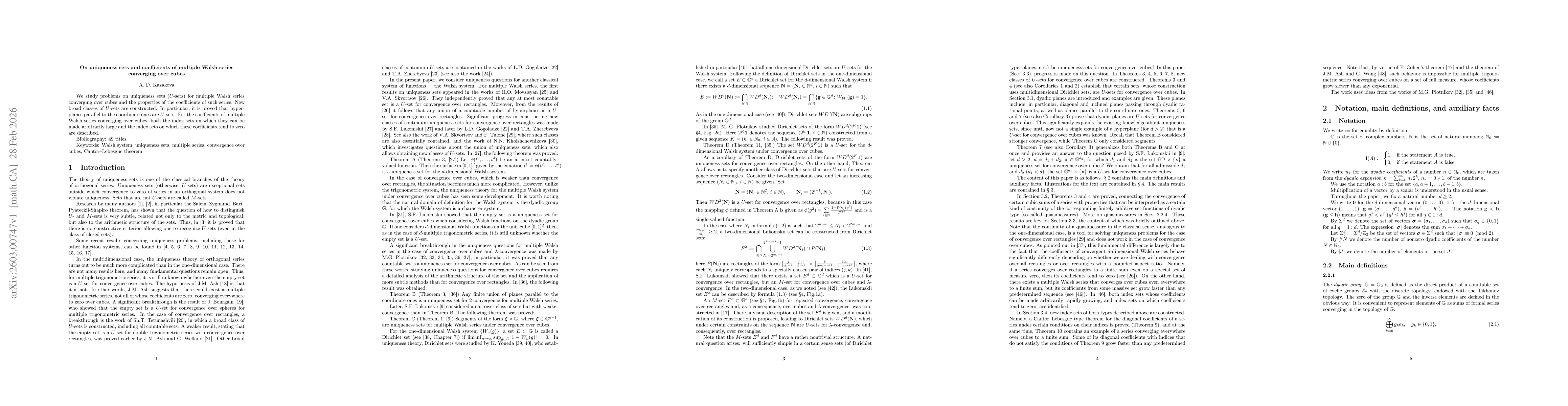 Thumbnail for On uniqueness sets and coefficients of multiple Walsh series converging over cubes