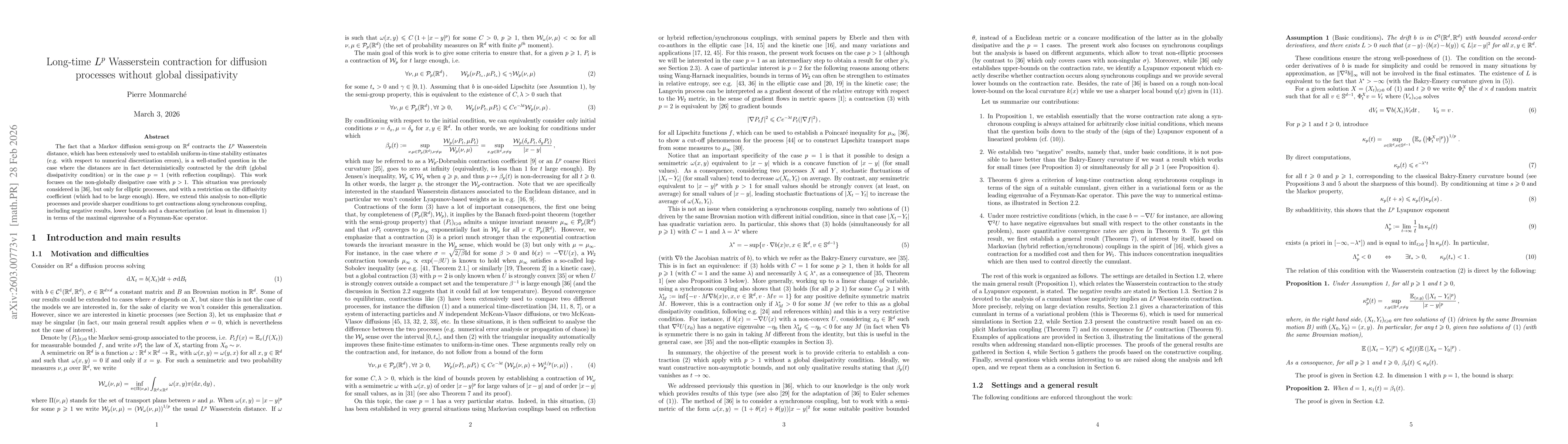 Thumbnail for Long-time $L^p$ Wasserstein contraction for diffusion processes without global dissipativity