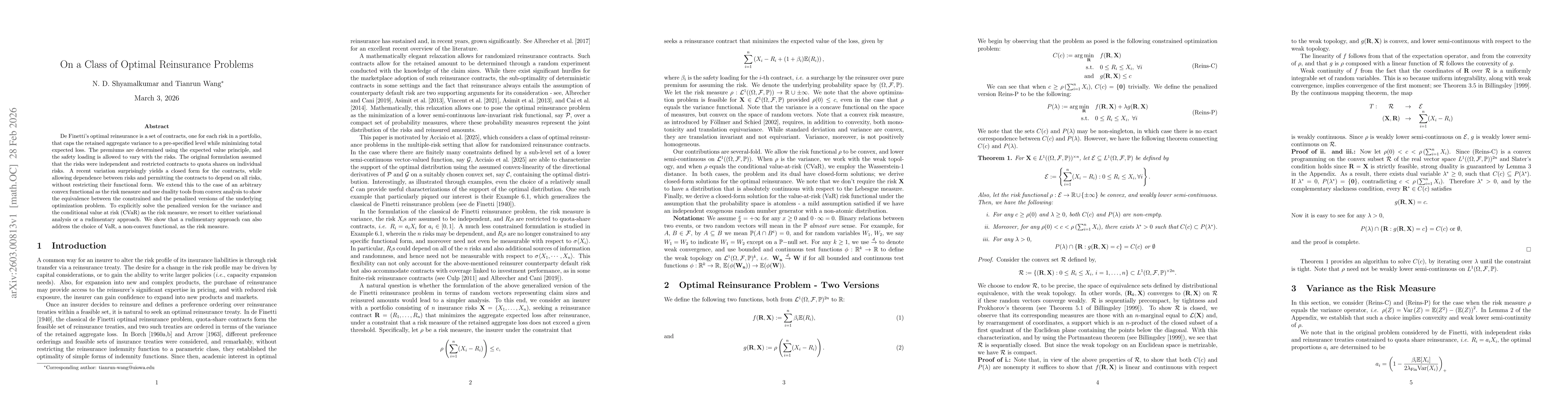 Thumbnail for On a Class of Optimal Reinsurance Problems