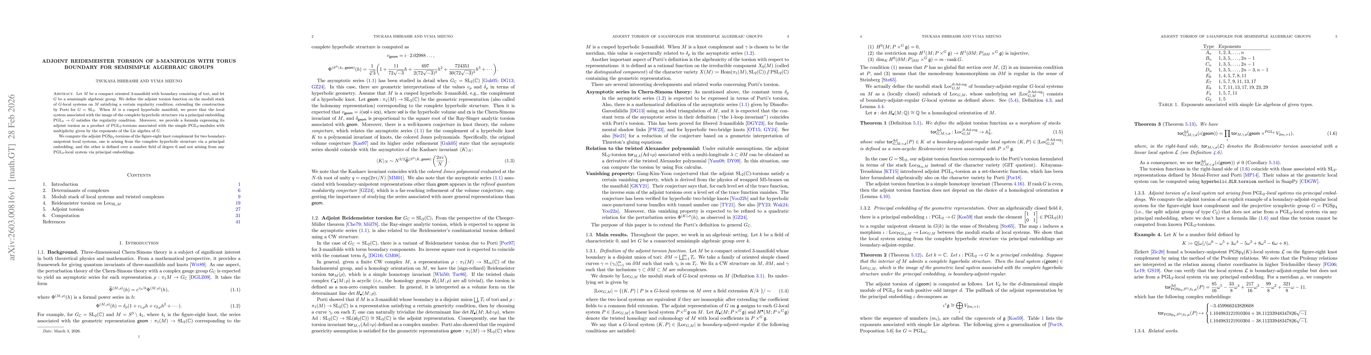 Thumbnail for Adjoint Reidemeister torsion of 3-manifolds with torus boundary for semisimple algebraic groups