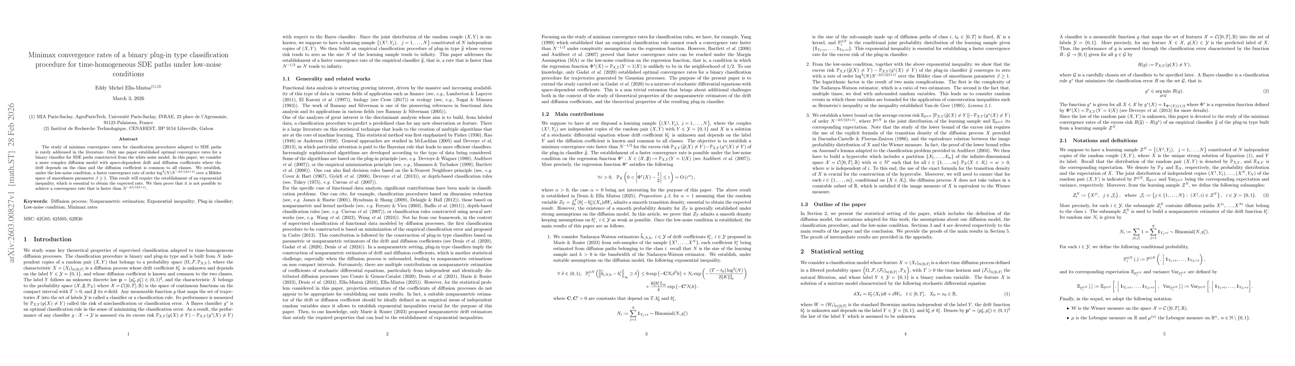 Thumbnail for Minimax convergence rates of a binary plug-in type classification procedure for time-homogeneous SDE paths under low-noise conditions