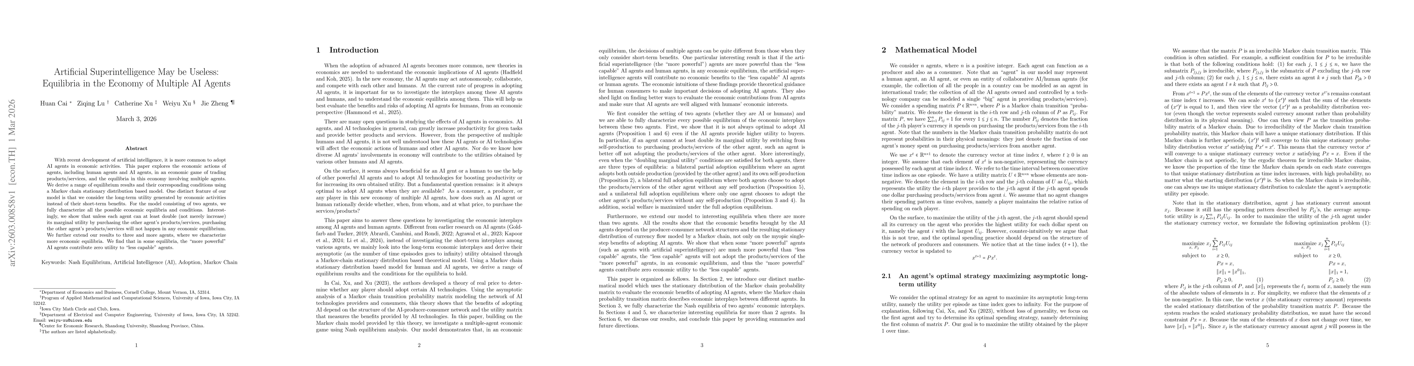 Thumbnail for Artificial Superintelligence May be Useless: Equilibria in the Economy of Multiple AI Agents