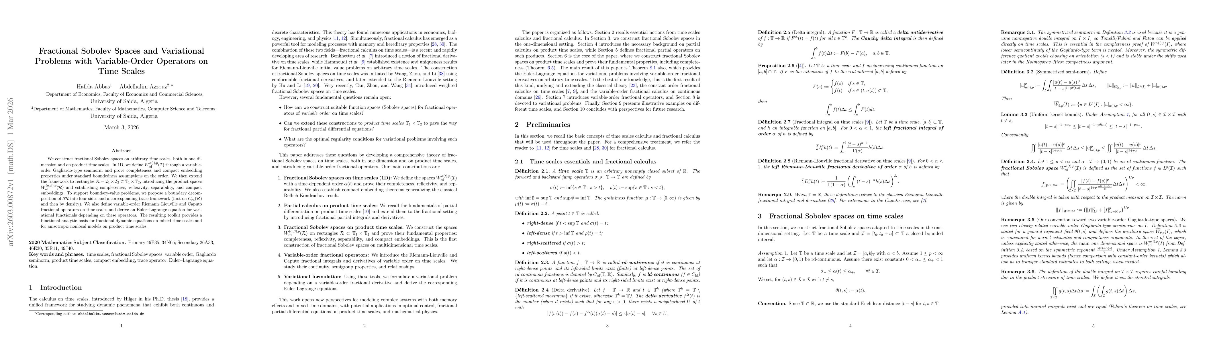 Thumbnail for Fractional Sobolev Spaces and Variational Problems with Variable-Order Operators on Time Scales