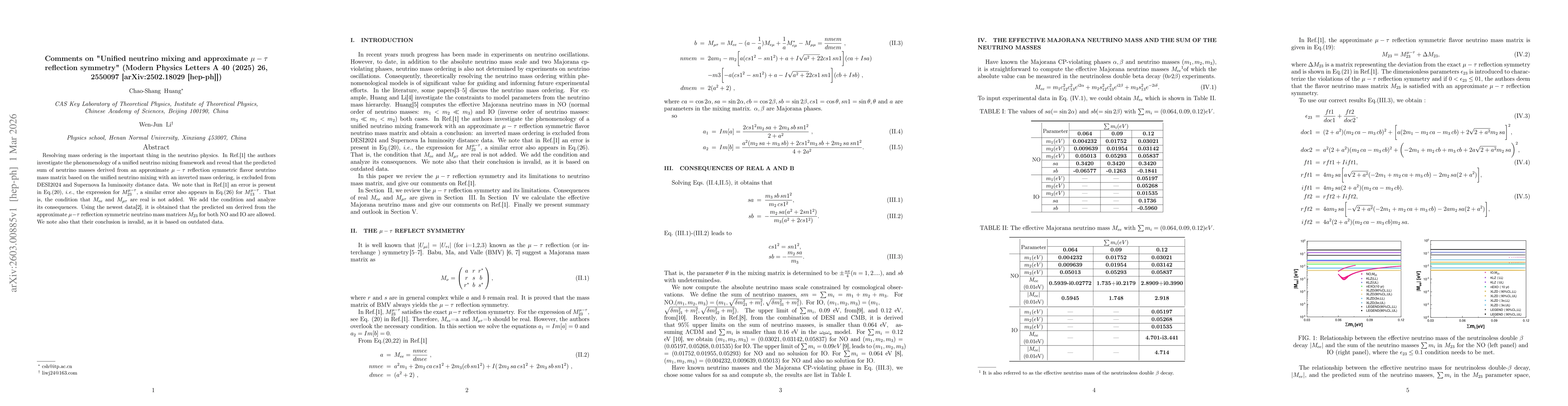 Thumbnail for Comments on "Unified neutrino mixing and approximate $μ-τ$ reflection symmetry" (Modern Physics Letters A 40 (2025) 26, 2550097 [arXiv:2502.18029 [hep-ph]])