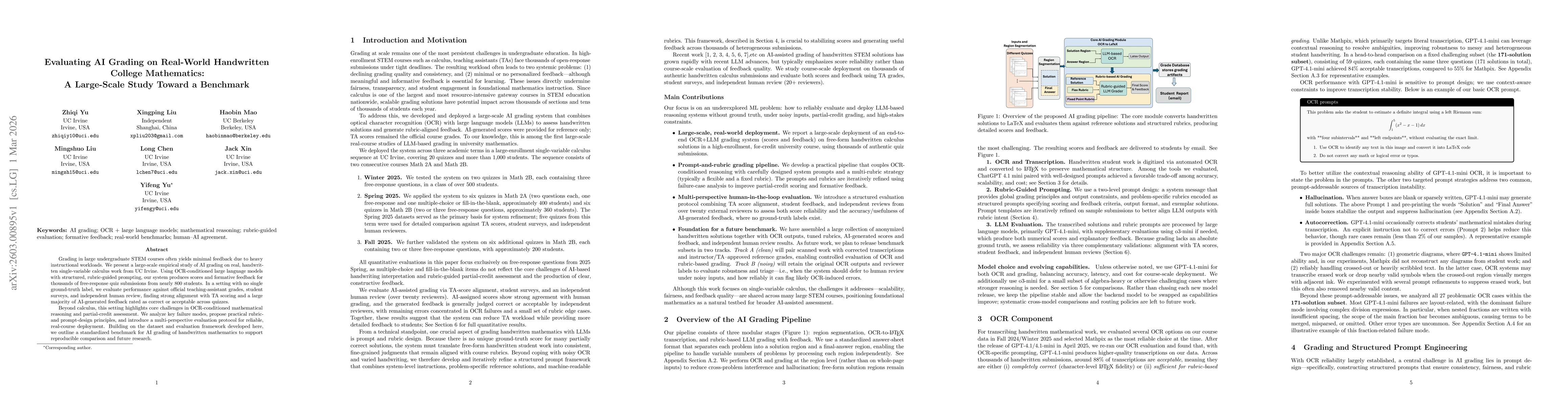 Thumbnail for Evaluating AI Grading on Real-World Handwritten College Mathematics: A Large-Scale Study Toward a Benchmark