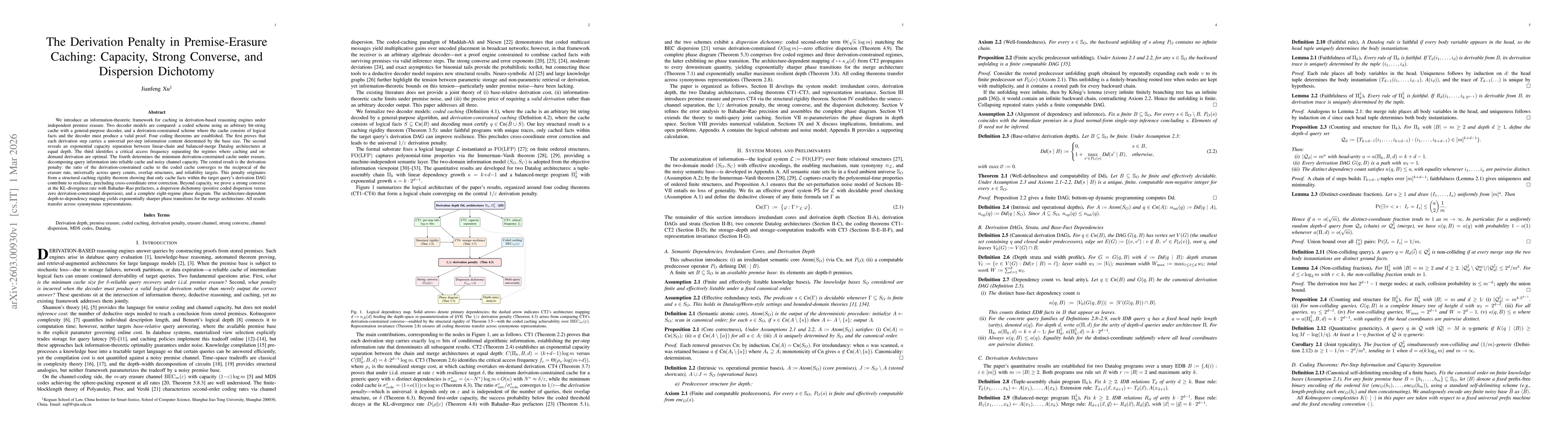 Thumbnail for The Derivation Penalty in Premise-Erasure Caching: Capacity, Strong Converse, and Dispersion Dichotomy