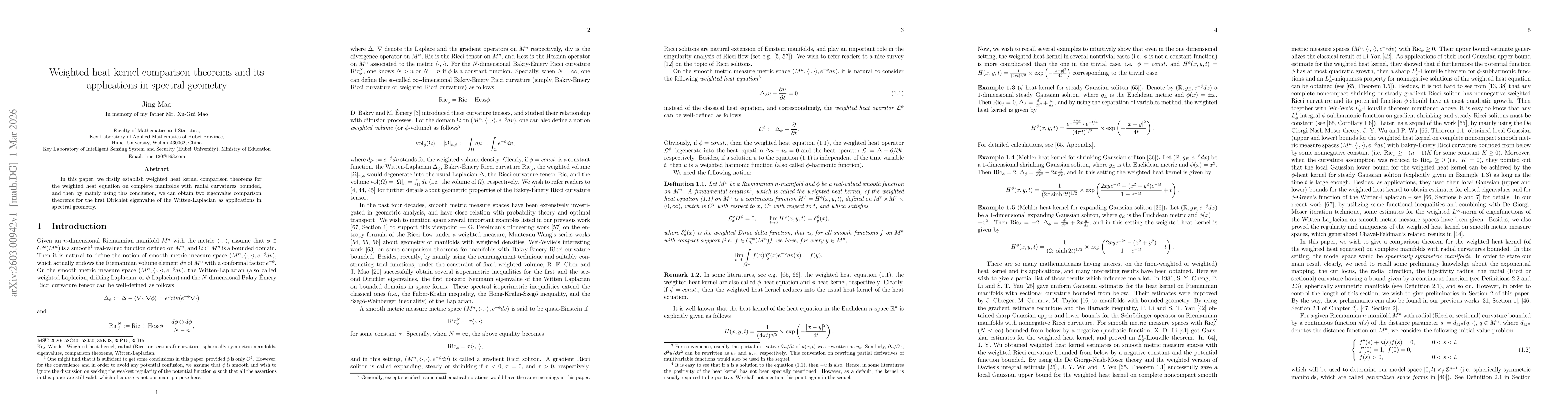 Thumbnail for Weighted heat kernel comparison theorems and its applications in spectral geometry