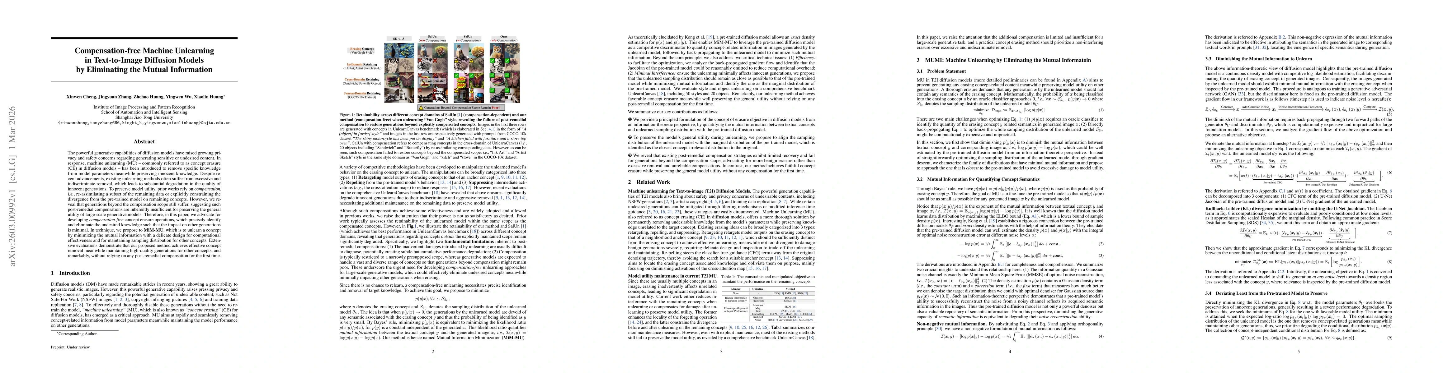 Thumbnail for Compensation-free Machine Unlearning in Text-to-Image Diffusion Models by Eliminating the Mutual Information