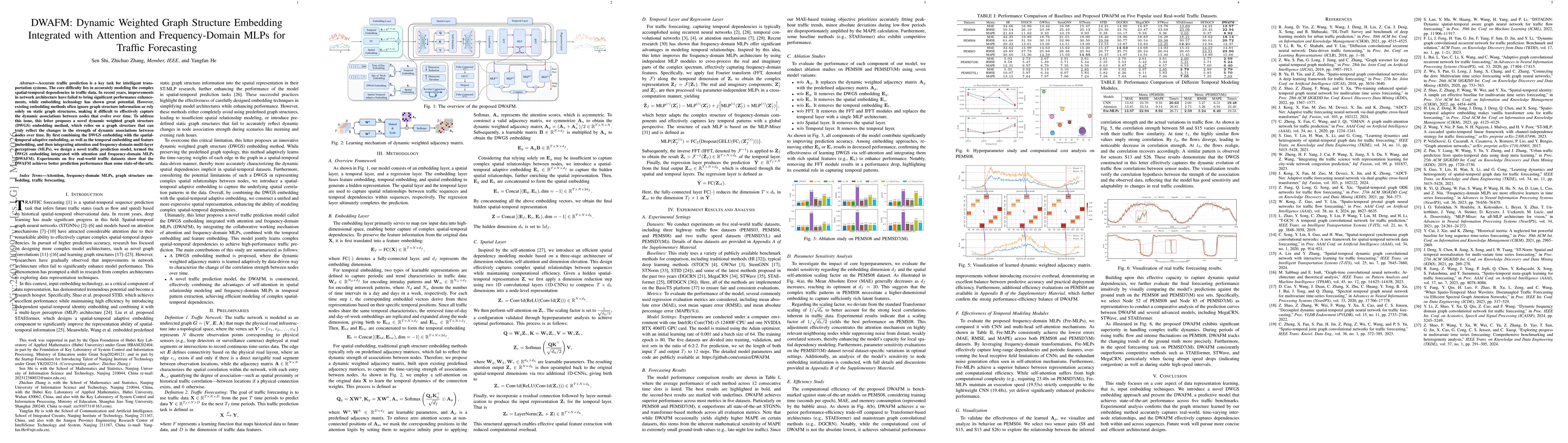 Thumbnail for DWAFM: Dynamic Weighted Graph Structure Embedding Integrated with Attention and Frequency-Domain MLPs for Traffic Forecasting