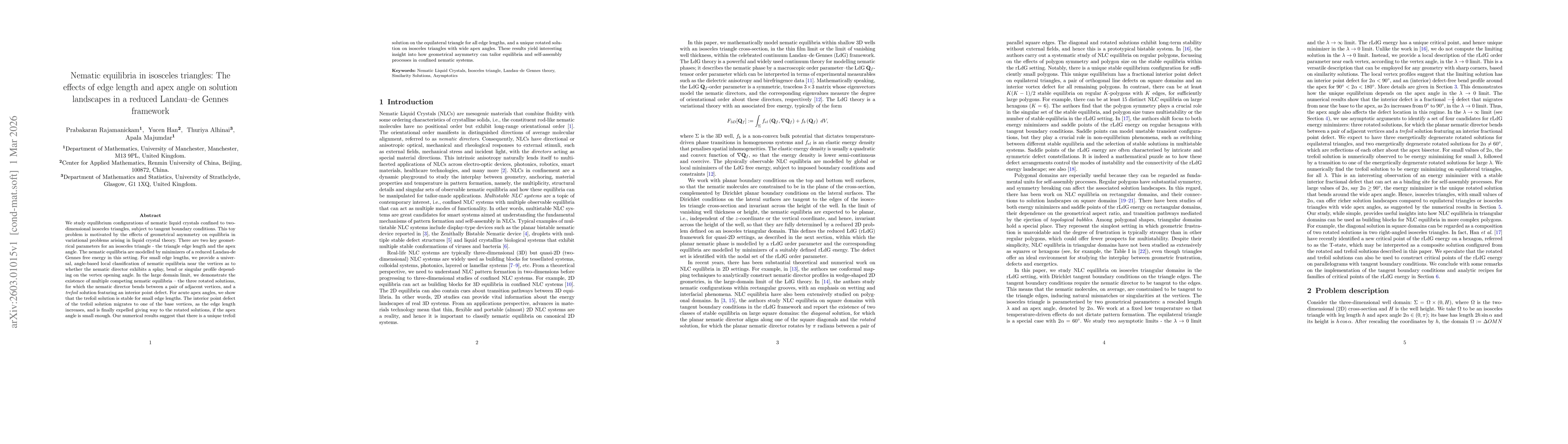 Thumbnail for Nematic equilibria in isosceles triangles: The effects of edge length and apex angle on solution landscapes in a reduced Landau-de Gennes framework