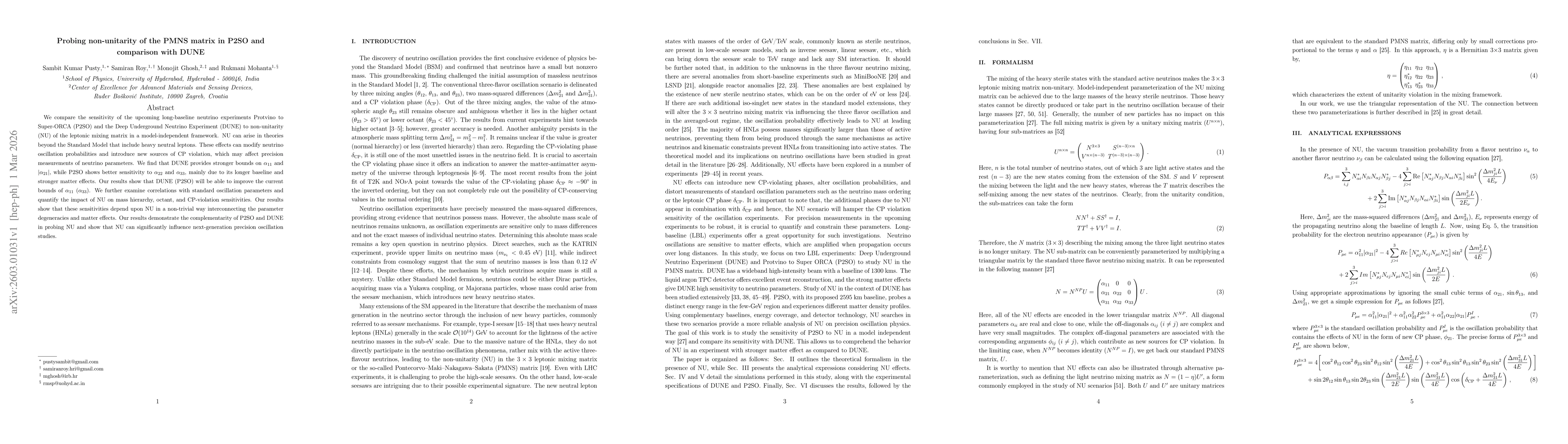 Thumbnail for Probing non-unitarity of the PMNS matrix in P2SO and comparison with DUNE
