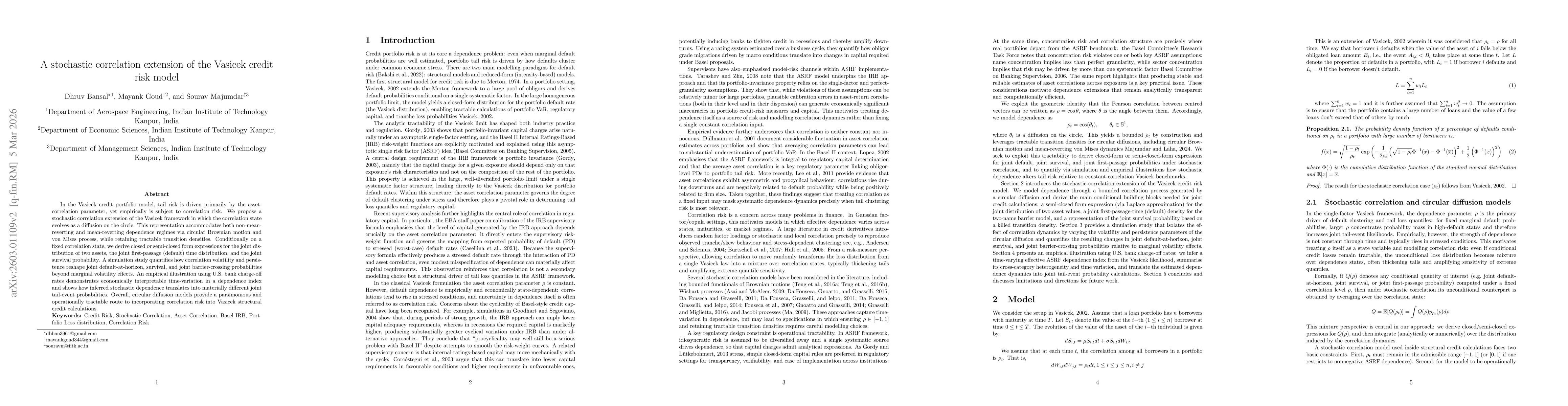 Thumbnail for A stochastic correlation extension of the Vasicek credit risk model
