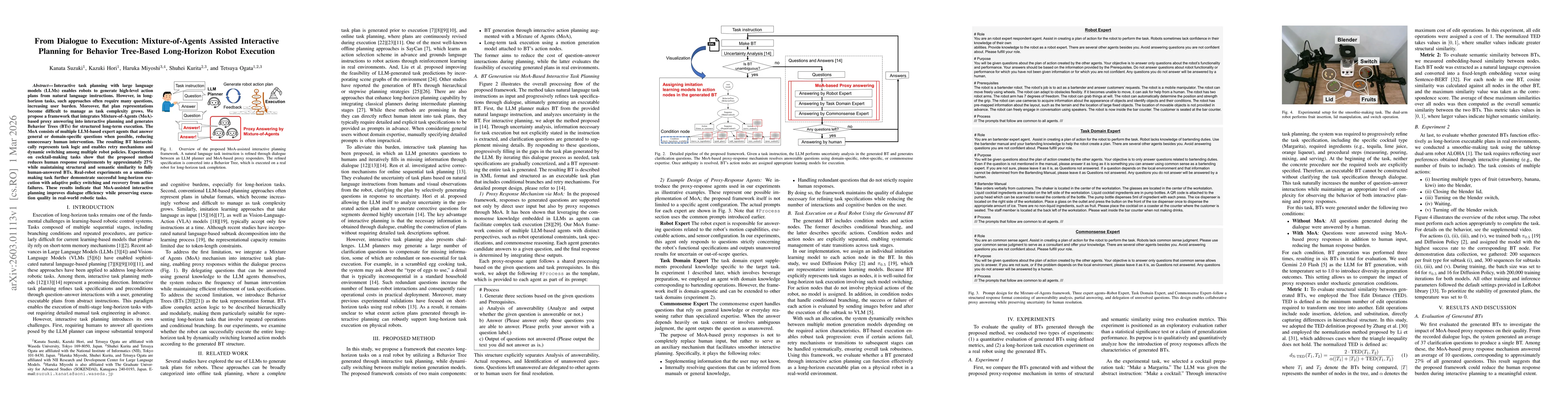 Thumbnail for From Dialogue to Execution: Mixture-of-Agents Assisted Interactive Planning for Behavior Tree-Based Long-Horizon Robot Execution