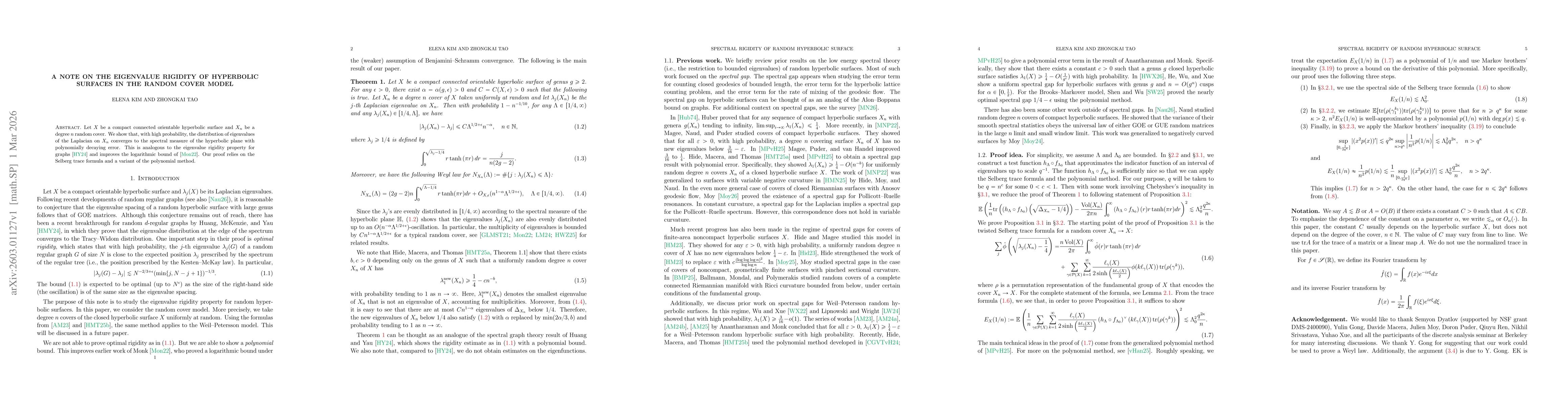 Thumbnail for A note on the eigenvalue rigidity of hyperbolic surfaces in the random cover model
