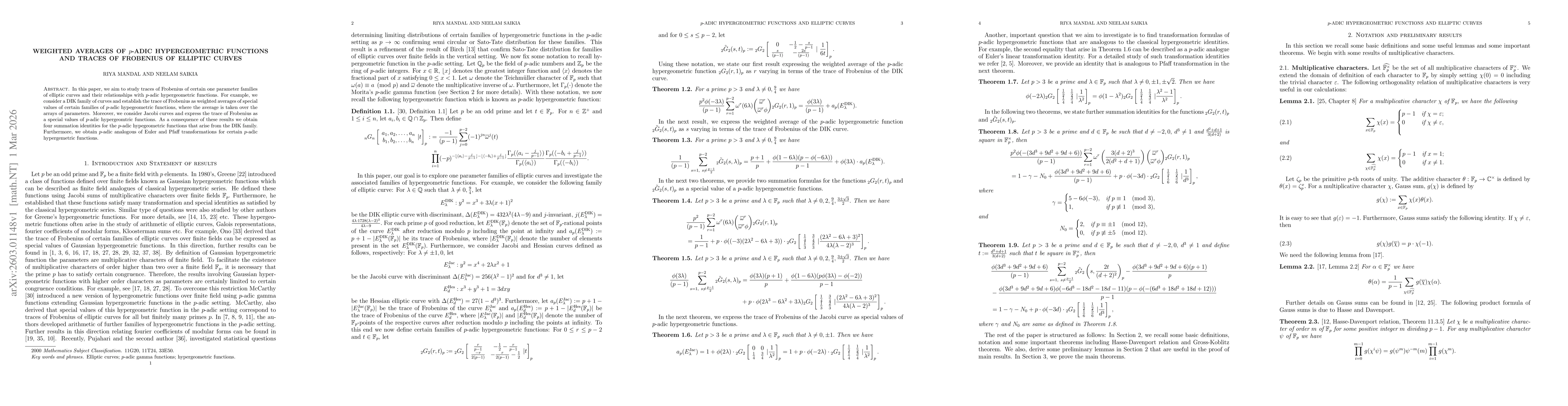 Thumbnail for Weighted averages of $p$-adic hypergeometric functions and traces of Frobenius of elliptic curves