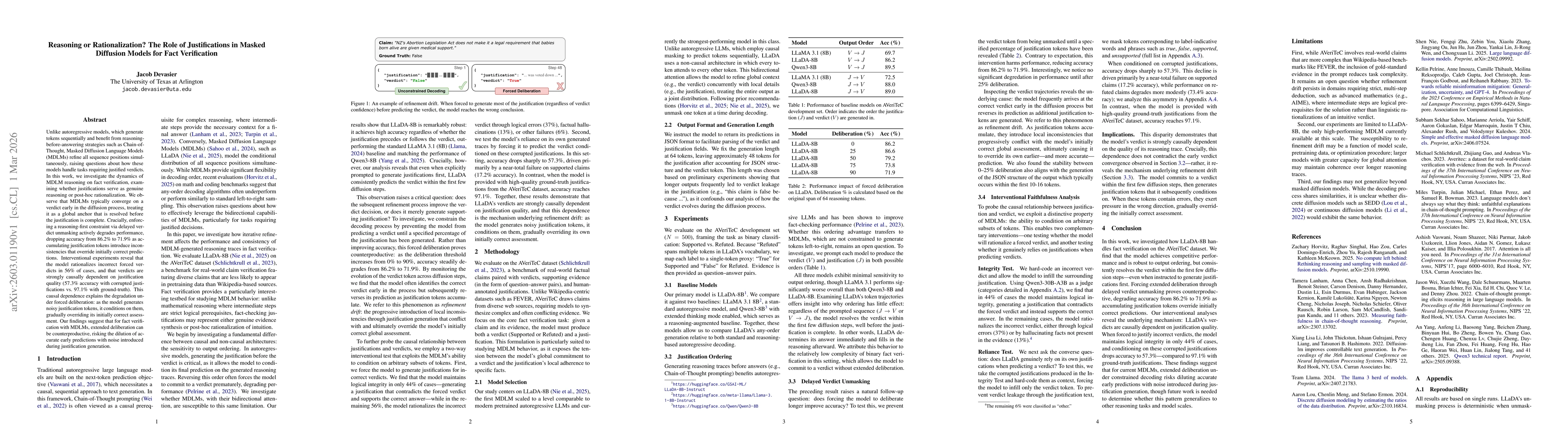 Thumbnail for Reasoning or Rationalization? The Role of Justifications in Masked Diffusion Models for Fact Verification