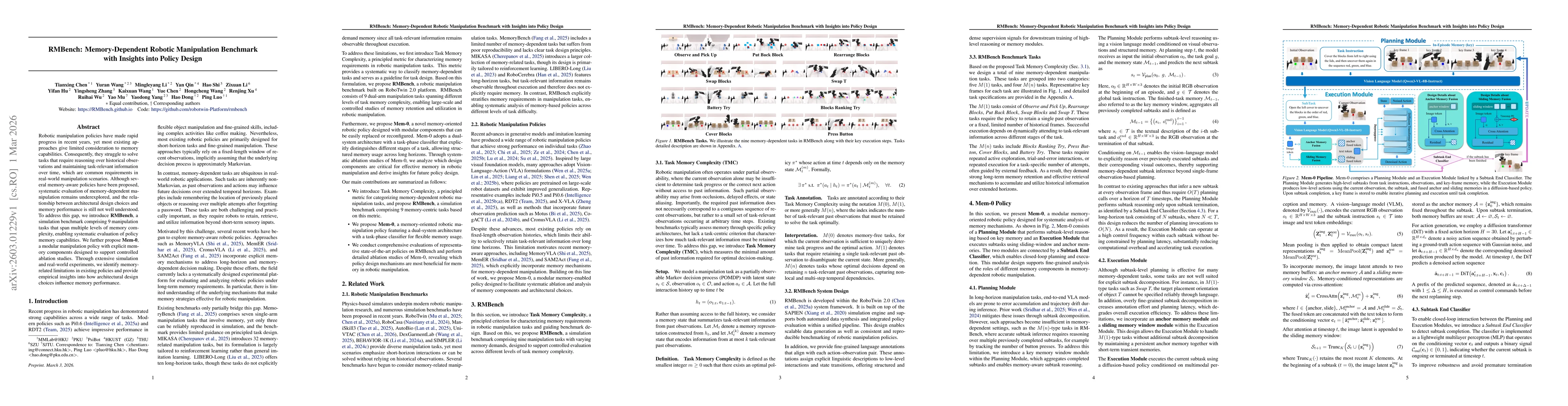 Thumbnail for RMBench: Memory-Dependent Robotic Manipulation Benchmark with Insights into Policy Design