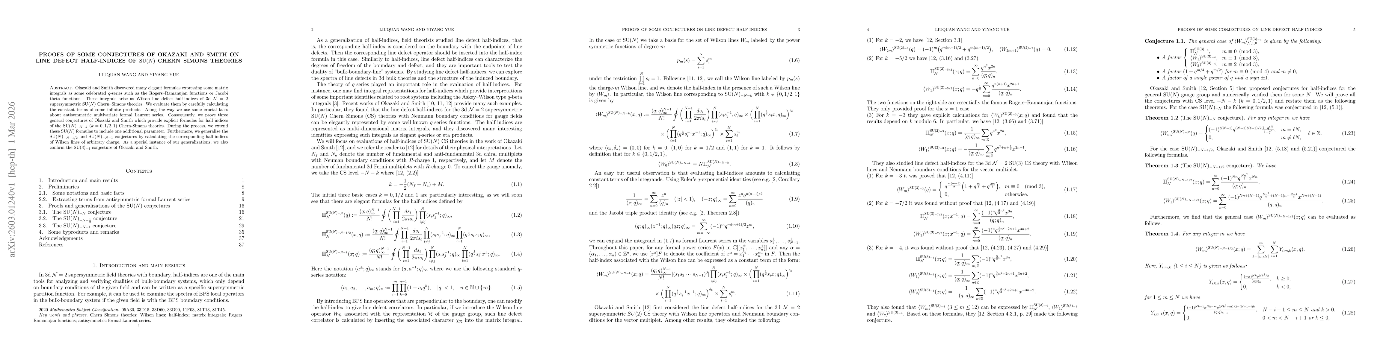 Thumbnail for Proofs of some conjectures of Okazaki and Smith on line defect half-indices of ${\rm SU}(N)$ Chern-Simons theories